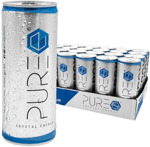 PURE Energy Drink – 24 x 250 ml EINWEG Dosen – erfrischender Geschmack, kristallklare Rezeptur, mit Zucker, ohne Farbstoffe, vegan – 24er Tray inkl. Pfand