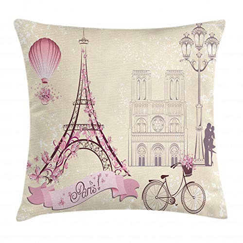 ABAKUHAUS Paris Kissenbezug, Floral Paris Eiffel, Kissenhülle mit Reißverschluss Waschbar Farbfest Beidseitiger Druck, 40 x 40 cm, Pink