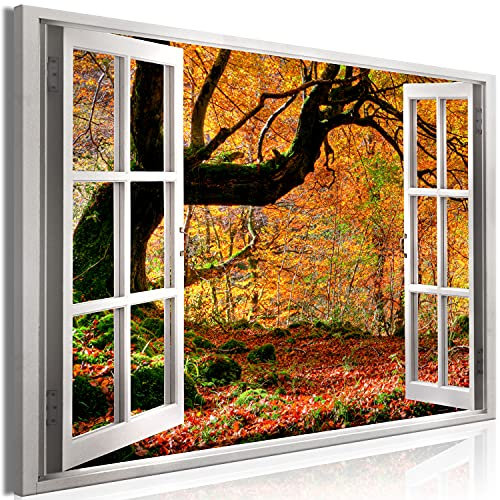 murando - Tableau décoratif paysage 90x60 cm - Impression sur toile colorée - Décoration murale pour salon et chambre - Arbres automne forêt feuilles nature vue depuis la fenêtre c-C-0369-b-a