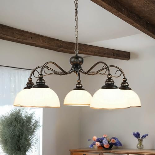 Licht-Erlebnisse Hängelampe aus Metall Glasschirme in Shabby braun antik 5x E27 bis 60W für Esszimmer Wohnzimmer Schlafzimmer Pendelleuchte Hängeleuchte Leuchter