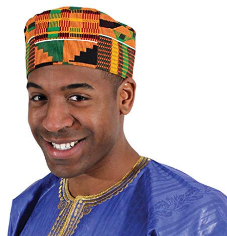 Kente Kufi Hut-Stil, Gelb, Orange, Schwarz und Grün., One size