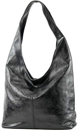 modamoda de T150 Damen Schultertasche Shopper Large aus Wildleder handmade in Italy, Farbe:Schwarz-Metallic
