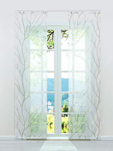 ESLIR Schiebegardinen Set 2er Flächenvorhänge Gardinen mit Klettband Schiebevorhang Transparent Vorhang mit Zweige Muster Voile Weiß-Sand BxH 57x175cm 2 Stück