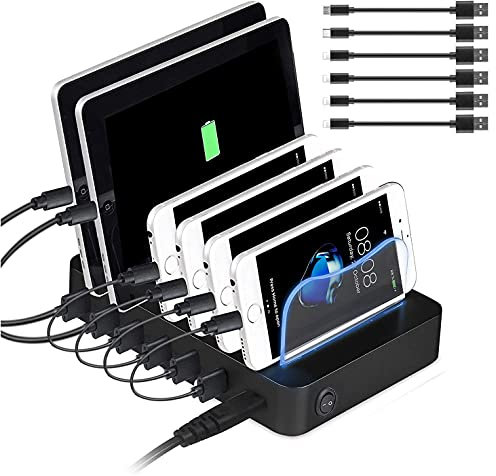 PRITEK USB Ladestation Mit Kurzen Kabeln für Mehrere Geräte - 50W/10A 6 Ports Organizer für Mobiltelefon, Tablet, Kopfhörer, MP4 und Andere USB-fähige Geräte (Schwarz)