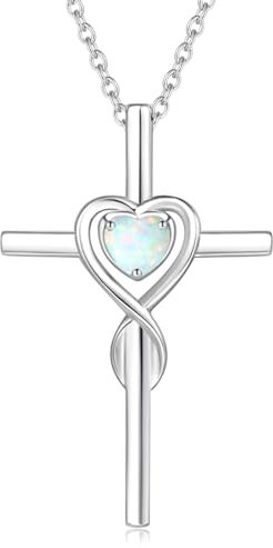 Damen Halskette mit Unendlichkeit Symbol Kreuz Anhänger Kette Infinity aus 925 Sterling Silber mit Synthetischer Opal Edelstein Herz Form Oktober Geburtsstein - Verstellbar Kettenlänge: 40 + 5 cm