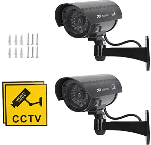 2Pcs Cámara de Vigilancia Simulada CCTV Cámara Ficticia con Soporte de Pared Camaras Falsas de Seguridad,Cámara Dummy con Led Rojo Parpadeante Impermeable Negro,con Pegatinas de Advertencia Tornillos