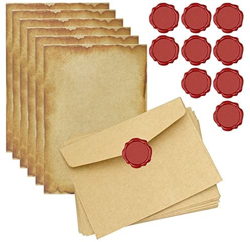Zasvec Vintage Briefpapier Set Briefschreibset Briefpapier mit Umschlag Enthält 20 Blätter Briefpapier, 10 Kraft Briefumschläge, 10 Wachssiegel-Aufkleber