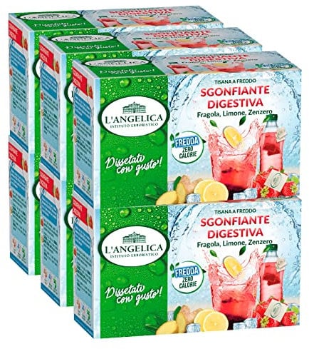 6x L'Angelica Tisana a Freddo Sgonfiante Digestiva con Fragola Limone e Zenzero Senza Calorie - 108 Filtri