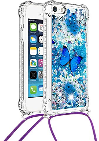 Silber Glitzersand Handyhülle für iPhone 5/5s/SE Hülle Flüssig Glänzend Hülle Durchsichtig Transparent Weich Silikon Cover Lieblich Kreativ Schlüsselband Schutzhülle für iPhone 5/5s/SE-Schmetterling