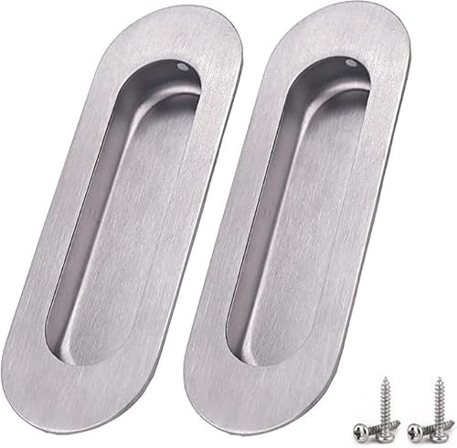 SANLANDOR 2 Pack Inset Handle Flush Recessed Sliding Oval Door Pull Handles Hidden Satin Brushed Stainless Steel Finger Pulls Hidden Handle – Silver YS-095