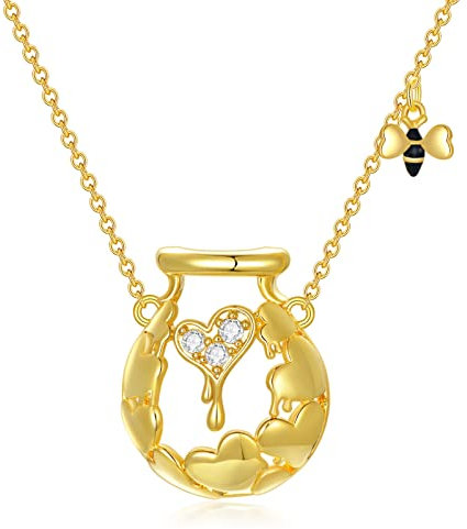 VONALA Honey Jar Necklace with Bee Sterling Silver Honey Pot Necklace, Honey Bee Jewelry Gifts for Women Daughter Bee Lovers