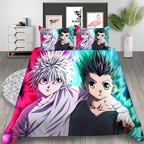 Hisoka Hunter Bettwäsche-Set, Bettbezug und Kissenbezug, Mikrofaser, 3D-Digitaldruck, dreiteiliges Bettwäscheset,ab-40,Double:79x79/200*200cm
