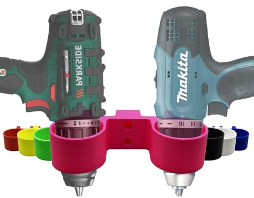 R-Satz Shop Akkuschrauber Wandhalterung passend für Bosch, Makita, Metabo, Ferrex, Parkside, Milwaukee, Einhell, Dewalt und weitere - Doppelhalter Wand (Pink)