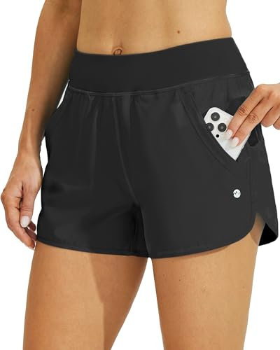 WILLIT Damen 3 Badeshorts Badehose Schwimmen Boardshorts mit Kurzliner Taschen Schnelltrockner UVA Schutz Schwarz XL