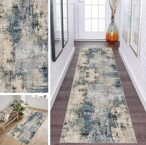 ZDYHMrj Läufer Teppich Flur Küche Waschbar rutschfest 80 * 500cm, Abstraktes Geometrisches Muster Grau und Blau Lang Teppichmatte Dauerhaft Fur Korridor Wohnzimmer Schlafzimmer Meterware Anpassbar