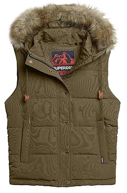 Superdry Damen Everest Steppweste mit Kunstfellbesatz Militär Olivgrün 42