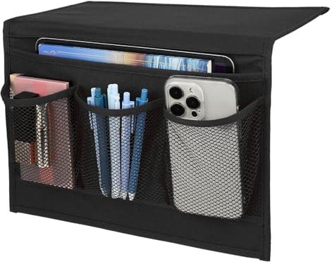 Andibro Nachttisch Aufbewahrungstasche mit 4 Tasche, Bett Caddy Oxford Stoff Nachttisch Organizer Sofa Nachttisch Hängehalter Bettregal Tasche für Brillen Bücher Tablets TV Fernbedienung