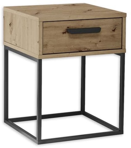 SUNA Nachttisch in Artisan Eiche Optik - Moderner Nachtschrank mit Schublade und schwarzem Metallgestell - 40 x 52 x 38,5 cm (B/H/T)