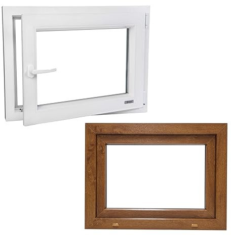 Plastica/cantina/garage/finestre in PVC economico effetto legno di alta qualità Salamander girevole ribaltabile 2 vetri interni bianco esterno rovere dorato 40 x 40 cm 400 x 400 mm DIN destra