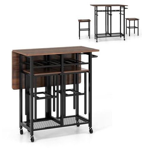 GIANTEX Carrito Móvil con Mesa Extensible de Hoja Abatible, Cuadrada Plegable de 3 Piezas con Estante para Vino, Estante Inferior y Manija de Empuje, 2 Taburetes y Ruedas Bloqueables(Nogal)