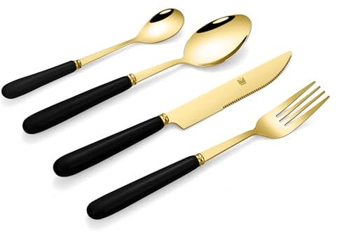 SensiSel 16 pcs Black Handles Gold Stainless Steel Cutlery Set Serves 4-4X Knives 4X Forks 4X Table Spoons 4X Tea Spoons - Mirrror Polished Smooth Edges Flatware - Dishwasher Safe - Gift/Daily Use
