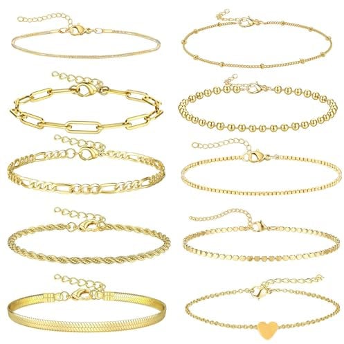 Uwiyo 10 Stück Armband Gold für Damen Armband Verstellbar Damen Schlangenkette Twist Figaro Ketten Armbänder Boho Gold Modeschmuck Armbänder Set für Frauen Mädchen (Golden Set 2)
