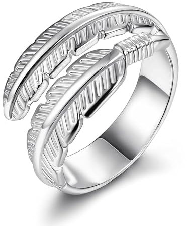 CASSIECA Ring aus Echtem 925 Sterling Silber für Damen Hochzeit Verlobung Ewigkeitsring Feder Engelsflügel Verstellbarer Offener Ring für Mama Freunde Geburtstagsgeschenke