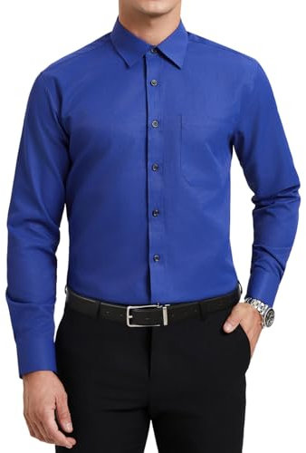 HISDERN Royal Blue Shirts for Men Adult Formal Men's Dress Shirt Long Sleeve Smart Casual Plain Regular Fit Business with Pocket 4XL