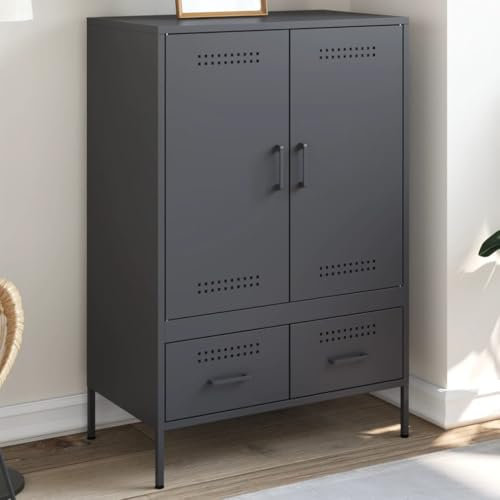 Willood Highboard, Sideboard mit Stauraum, Kommode Anrichte Verstellbare Schraubfüße, Beistellschrank Schrank, Industrie-Stil, Anthrazit 68x39x101,5 cm Stahl