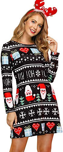 For G and PL Damen Weihnachten Ugly Langarm Kleidung Rundhalsausschnitt Party Kleider Kostüm Santa Schwarz XXL