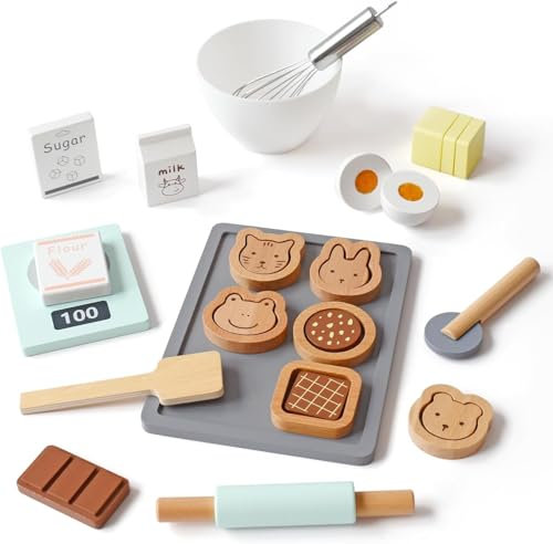 PairPear Wooden Toy Cookies and Baking Set, Kids Age 3+, Play Food Toy Kitchen Playset, Pretend Play Kitchen Accessories Gift for Boys Girls