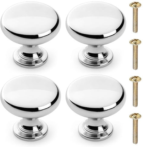 Silver Cabinet Door Knobs Set of 4 - Cupboard Door Handles Polished Chrome Handles with Screws, 25mm - Ideal for Kitchen, Drawers, Bedrooms and Furniture