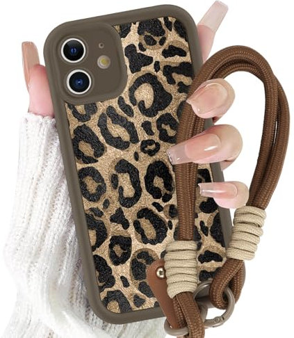 Yirlbey Funda con Cuerda Strap para iPhone 11 6,1, Silicona Carcasa con Colgante Cordon Correa Cuerdas con Aesthetic Leopardo Vaca Dibujos, Antigolpes Protector Caso Cover para iPhone11, marrón