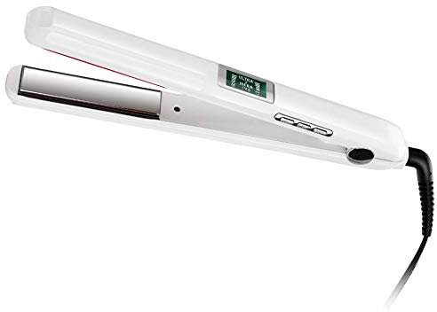 Plancha de pelo infrarroja profesional – Plancha plana de cerámica ultrasónica con pantalla LCD, recupera el cabello dañado, color blanco