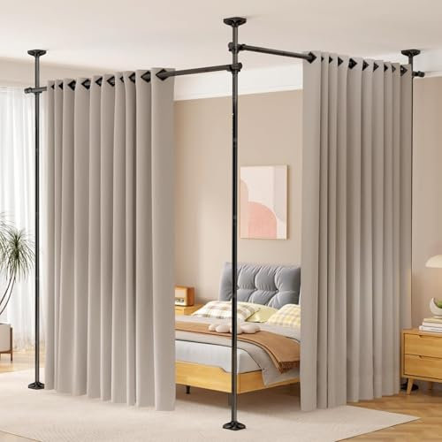 WELDUN Raumteiler Paraventgestell Gardinenstangen, Freistehend Trennwand Paravent ohne Vorhang, Sichtschutz für Wohnzimmer, Schlafzimmer oder Büro 227–312 cm (H), 71–290 cm (B), Schwarz