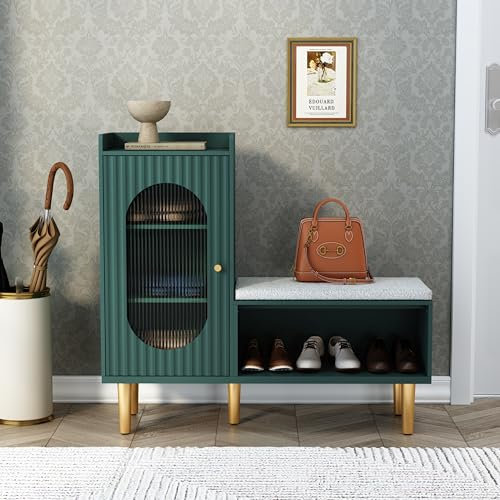 HOLTICO Shoe Storage Bench with Seat, Glass Door Storage Cabinet, Modern L-Shaped Shoe Rack Green Cabinet for Hallway, Entryway, Bedroom, Living Room