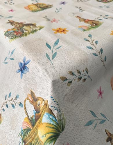 PVC Tischdecke Bunny Ostern bunt Osterhase beige Leinen Meterware Wachstuch Eckig Breite & Länge wählbar abwaschbar, Größe:130 x 200 cm