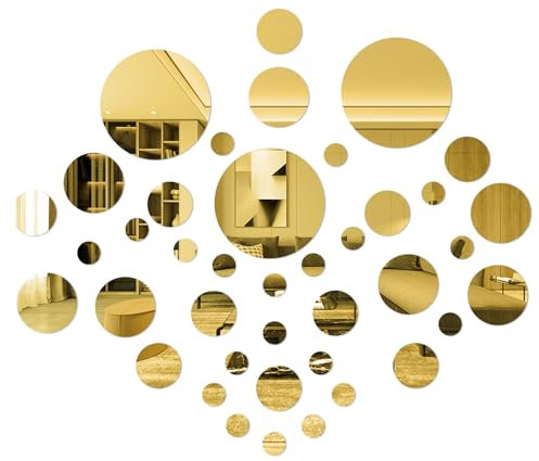 TAIANJI Selbstklebender Runde Spiegel, 40 Stück Kreis Spiegelfliesen Acrylspiegel Dekorative Wandspiegel für DIY Wanddekoration Wohnzimmer Schlafzimmer Reflexion (Gold)