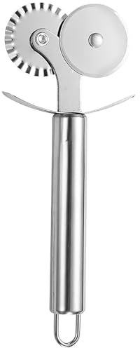 WOLMIK Roulette à pizza, double roue, longue poignée en acier inoxydable, machine à raviolis, presse rotative, coupe-pâtes à pizza, outils de pâtisserie à bord cannelé, accessoires de maison, gadget