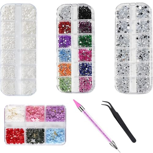 AYNKH 5200 Nail Rhinestones,Flat Nail Gems,AB Crystal Rhinestone Nail Jewellery,6 Sizes of Nail-Pearls,Multi-Coloured Small Flowers,Clip, Rhinestone Picking Spotting Pens Nails,Clothes,Face,Handmade