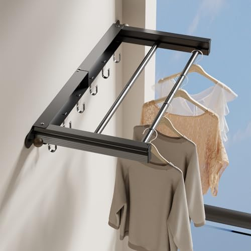 lomonmen Wäscheständer Wandmontage,70cm Wandtrockner Ausziehbar,Faltbarer Wäscheständer Wand mit 8 Haken,Wandwäschetrockner Platzsparend für Indoor & Outdoor,Balkon