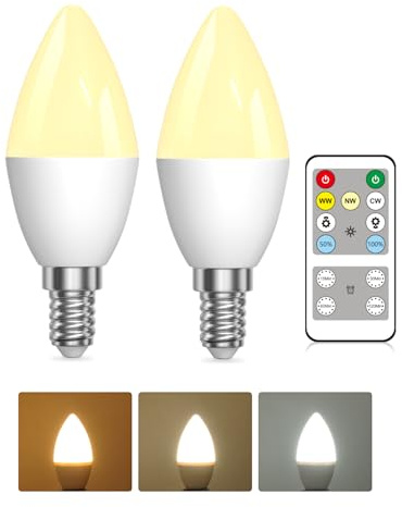 Lustaled Lot de 2 ampoules LED E14 avec télécommande, 3 températures de couleur 3000 K/4000 K/6000 K, minuterie à intensité variable, ampoule C37 en forme de bougie 5 W pour décoration de la maison