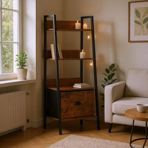 FurnitureR Leiter-Bücherregal 4 Ebenen 42x29x110 cm mit Stoffschublade, 12 mm Holzregalböden & 20 mm Metallrahmen, 7,5 cm Rückwand, Stilvolles Regal für Wohnzimmer im warmen Holzstil