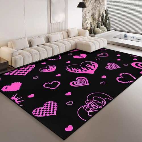 HOSIMA Teppich Mit Verschiedenen Lila Herzen,Weiche,rutschfeste Unterseite,Kurze Teppiche für Kinderzimmer,Küche,Schlafzimmer,rutschfeste Bodenmatte,Kurzflorige,Flauschige Matte(150 * 200)