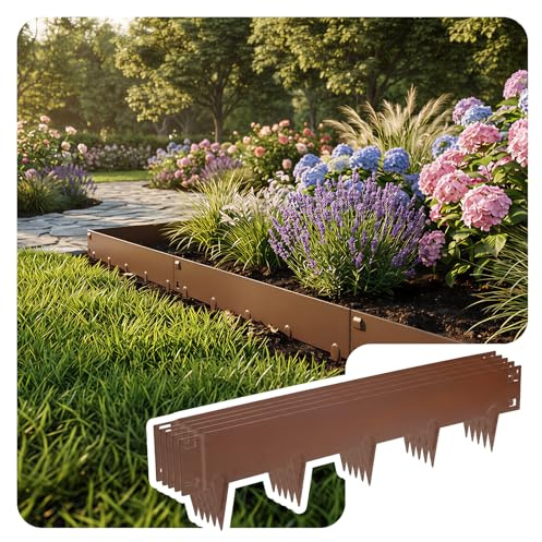 VOUNOT® 10M Galvanised Steel Garden Edging, Flexible Metal Lawn Border, Heavy Duty 1.5mm Thick, 106x18cm Panels, 10 Pack, Brown