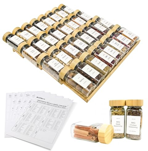 KitHero Spice Drawer Organizer with 35 Bamboo-lidded Spice Jars,216 Labels,25 Non-slip Rubber, Bamboo 4 Tier Seasoning Rack Tray Insert for Kitchen Drawers,Cabinets,Countertop,14.6 Wide x 15.8 Deep