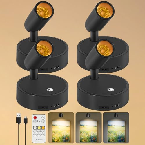 Dehobo Focos para Interiores con Control Remoto 4 Unidad - 3 Modos de Luz Foco LED Recargable con Temporizador y Ajuste de Brillo - Ajuste Ángulo 350° Ideal para Plantas, Pintura y Obras de Arte