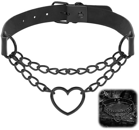Gothic Kleidung Damen,PU Lederhalsband,Choker Kette Damen Schwarz,Punk Chocker,Herz Slip Chain Schmuck,Verstellbare Kragen Halskette,Choker-Halsketten,für Frauen Herren Halloween Goth Accessories (A)