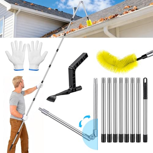 Hysagtek 13FT Gutter Cleaning Tools - Adjustable Long-Reach Rain Gutter Cleaning Brush, No Ladder Needed Removes Leaf Debris from Roof Gutters, Leaf Cleaning Kit with Brushes & Shovel