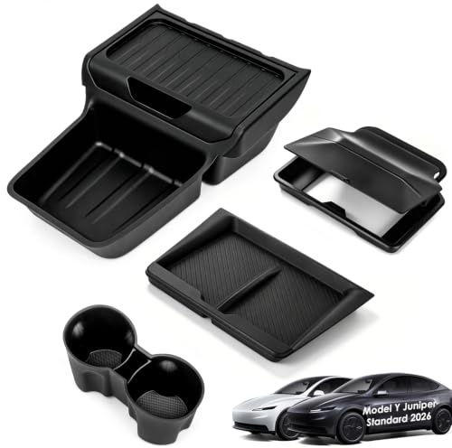 JUYANO Mittelkonsole-Organizer für Tesla Model Y Juniper Standard 2026, 4 Accesorios: Organizer für die untere Mittelkonsole, Verstecktes Armlehnenfach, Base Cargadora, Portavasos